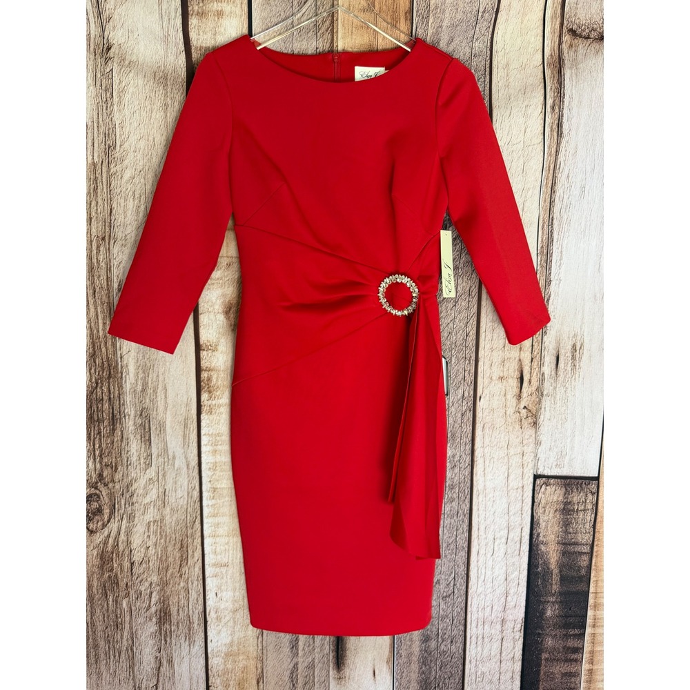 Eliza J Red Rhinestone Buckle Sheath Dress Cocktail Party Holiday Size 8 NWT